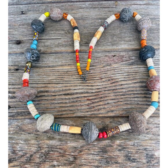 Vintage African Trade Bead Necklace HUGE Clay Beads millefiori Glass Sterling Cl - Picture 1 of 16